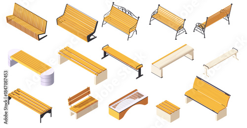 Collection of isometric park benches in different wooden and metal styles, shown on white background. Concept of urban furniture design. Vector illustration