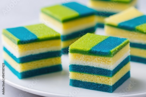 Close up layered kue lapis legit cake slices arranged on a white plate, showcasing vibrant colors and textures, perfect for dessert lovers and culinary enthusiasts