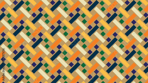 yellow, brown, orange, green, abstract background with squares strip of blue rectangle block strip seamless repeat pattern, replete patter image design for fabric printing or wallpaper or wrap package
