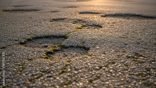 Fototapeta Naklejka Na Ścianę i Meble -  Sunlit, pothole-filled asphalt surface, cracked and worn, with small weeds growing