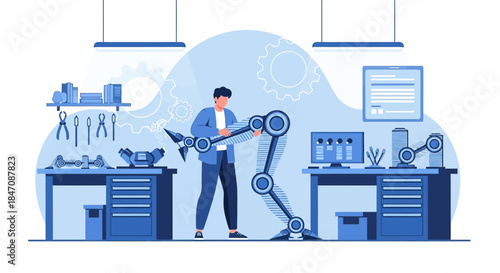 Innovative engineer designing and building a futuristic robotic arm in his workshop laboratory