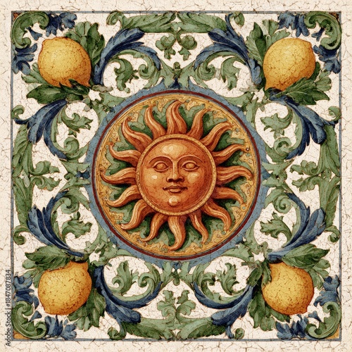 Decorative sun motif is framed by bright lemons and lush green leaves, highlighting intricate patterns and vibrant colors in a stunning floral artwork