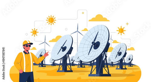 Innovative engineer overseeing sun-tracking solar dish array for sustainable energy production on