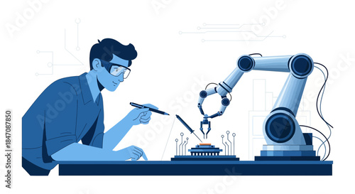 Innovative engineering design displaying technician working with advanced robotics system