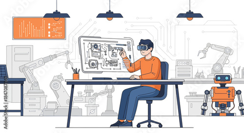 Innovative Engineer Using Virtual Reality for Robotics Design and Development in Modern Workspace