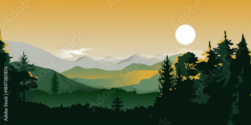 Serene mountain landscape with sun rising over layered hills and pine trees, in flat graphic style, on a warm orange sky background. Vector illustration