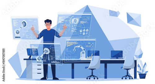 Innovative engineering solution with digital interfaces and robotic arms in advanced technology