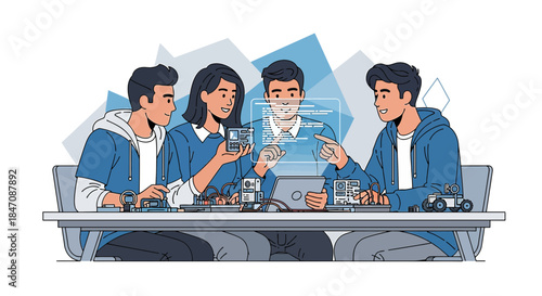 Innovative engineering team collaborating on tech project with futuristic interface display