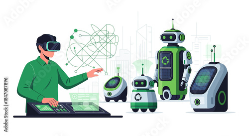 Innovative future technologies: Person using VR interface to interact with robotic eco-helpers