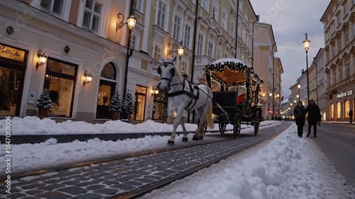 Historical winter carriage ride: A majestic white horse gracefully pulls a vintage carriage through a snow-covered cobblestone street, offering a nostalgic journey into the heart of a charming town.