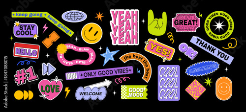 Bright sticker set with cheerful phrases, colorful cartoon style on black background. Concept of positivity, motivation, and good vibes. Vector illustration