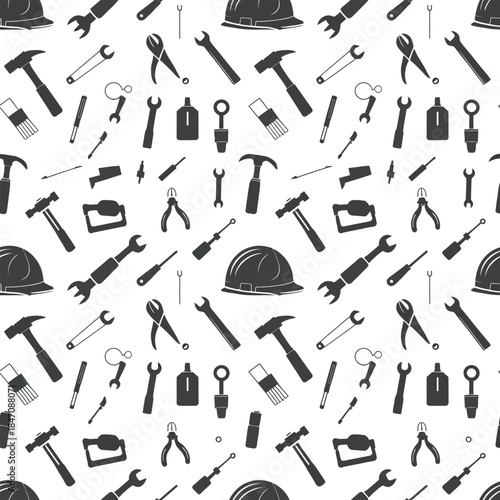 A seamless pattern featuring various construction and renovation tools silhouettes