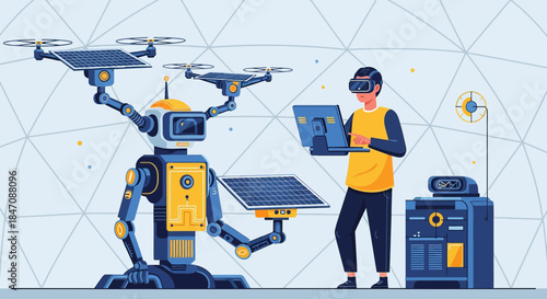 Innovative technology convergence: Robot, VR user, and advanced machine interaction scenery