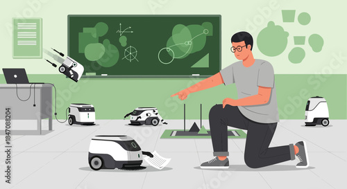 Man overseeing automation with robots in a futuristic classroom or technology development center