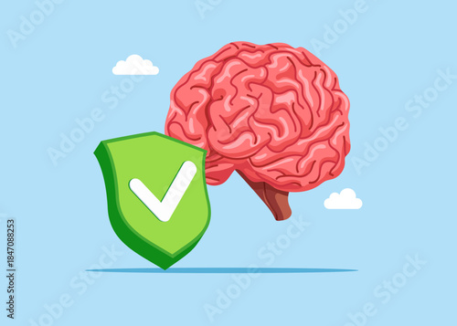 Cerebrum with green check mark. Human brain in normal. Cerebrum disease research. Flat vector illustration