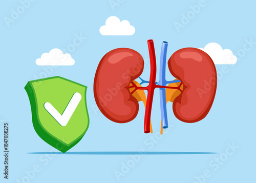 Kidneys human with green check mark. System in normal. Studying donor inner organ.  Medicine, physiology and pharmacy research. Kidney problems. Flat vector illustration. 