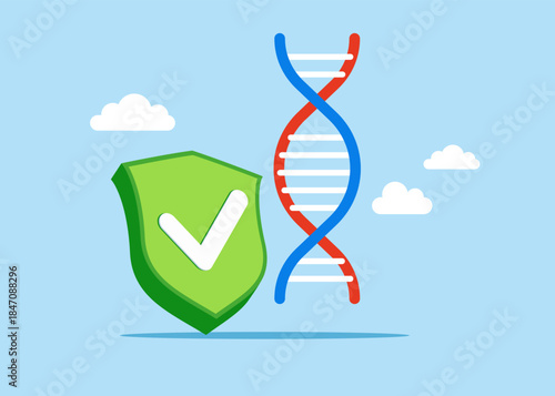 DNA system in normal with green check mark. DNA research and blocking genetics. Modern vector illustration in flat style