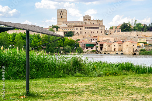 The cathedral of the city of Zamora, Spain, seen from the banks of the Duero River. 