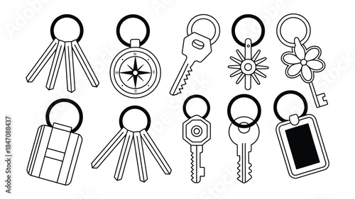 Keychain and Key Icon Set Vector Illustration with Door Keys, Padlock, Tags, and Decorative Keyrings Isolated on White Background