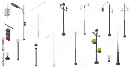 Collection of isometric street lamps, traffic lights, and signposts in various designs on white background. Concept of city infrastructure. Vector illustration