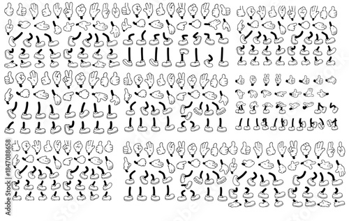 Retro cartoon legs and hands. Vintage hand, foot and f. Hands with gloves and feet with boots, various poses for characters, a set of poses, gestures, placement of hands and feet. Body parts mascot.