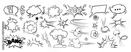 Collection of comic style cartoon smoke, explosion, and impact effects on a white background. Concept of action, emotion, and movement. Vector illustration