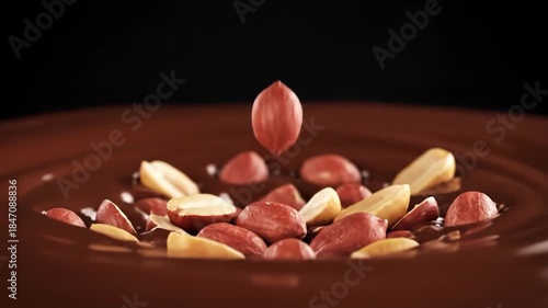 Slow Motion of Peanuts Falling into Melted Chocolate on a Dark Background, Delicious Dessert Preparation.