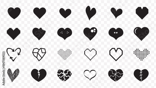 Collection of diverse black heart icons in various styles and designs on transparent background symbol