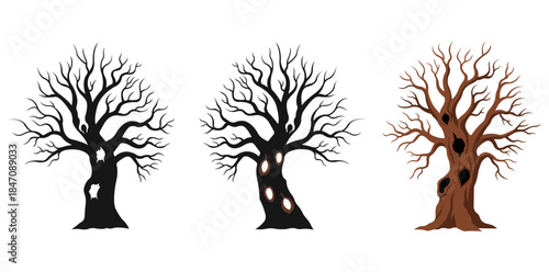 Silhouette Trees in Different Forms Three stylized trees stand in stark silhouette against a neutral backdrop, each displaying a unique form and character, representing resilience.