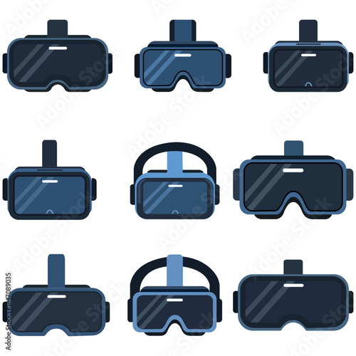 VR Headset Array An array of virtual reality headsets, showcasing the evolution and different designs of VR technology, representing innovation and immersive experiences.