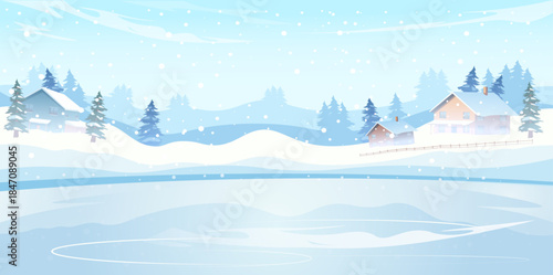 Snowy winter scene with houses and pine trees, flat graphic style on light blue background. Concept of peaceful countryside in winter. Vector illustration