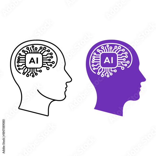 AI integrated mind The image unveils a minimalist, yet impactful, depiction of a human head merged with an integrated AI chip, representing the fusion of human intellect and artificial intelligence.
