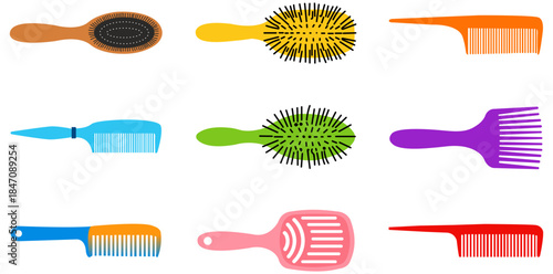 A Variety of Hairbrushes A collage of diverse hairbrushes of various shapes, sizes, and bristles, arranged methodically, depicting a wide range of options for hair care.