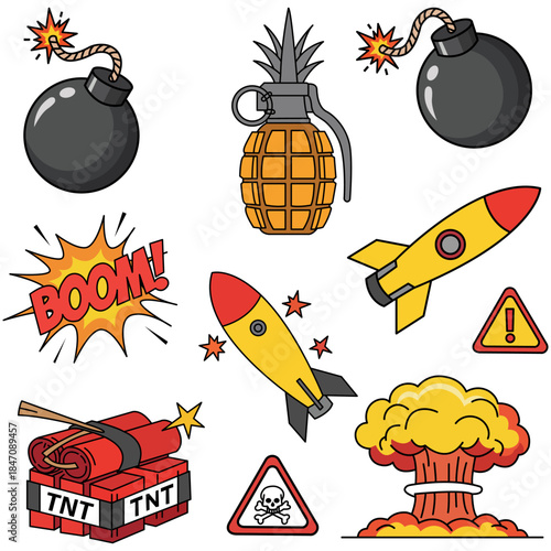 Explosive Collection A vibrant assortment of explosive devices. Featuring cartoon-style bombs, grenades, dynamite sticks, and rockets, alongside warning signs and a striking BOOM explosion.