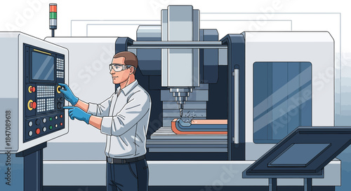 Precision engineering: an illustration of a skilled worker operating a sophisticated CNC milling