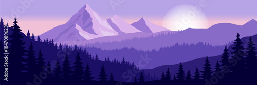 Majestic mountain range with pine trees in silhouette, flat graphic style, colorful gradient sky background, concept of tranquil wilderness. Vector illustration