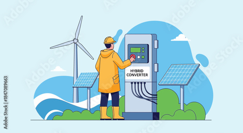 Renewable energy technician operating hybrid converter among wind turbines and solar panels