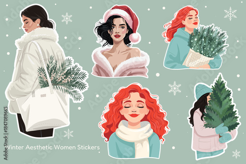 Winter aesthetic women sticker set in modern vector style with cozy outfits, Santa hat and evergreen greenery—perfect for holiday branding, cards, planners, social posts and scrapbooking.
