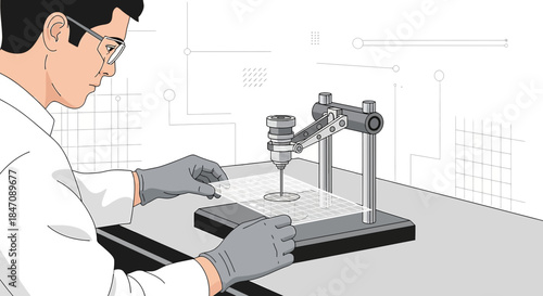 Researcher meticulously operating precision drilling equipment within laboratory setting