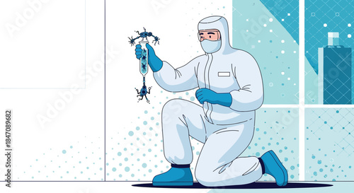 Researcher in protective suit examining viral sample with advanced equipment and care