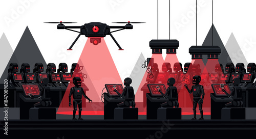 Robotic Workforce Under Surveillance: A Futuristic Scene of Automation and Control