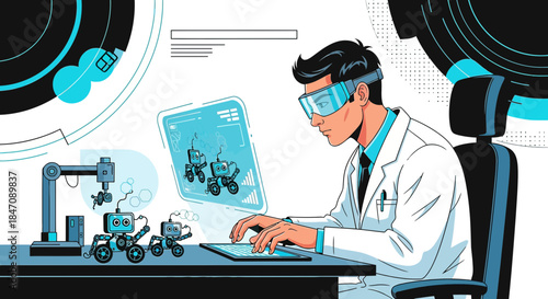 Robotics Engineer in Lab Coat Developing AI, Working with Small Robotics Technology Devices