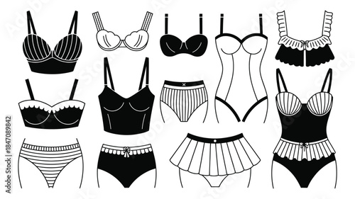 Women Undergarment Vector Illustration Set with Bras and Panties, Hand Drawn Lingerie Collection, Scalable Line Art Design Isolated on White
