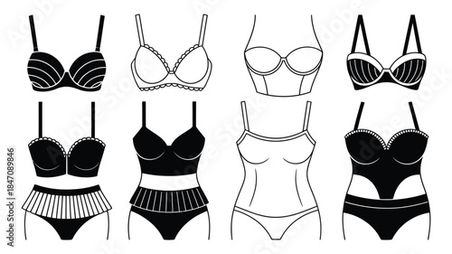 Women Undergarment Vector Illustration Set with Bras and Panties, Hand Drawn Lingerie Collection, Scalable Line Art Design Isolated on White