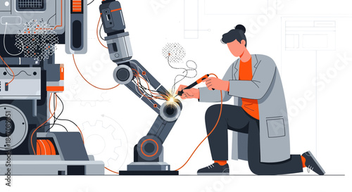 Robotics specialist conducting maintenance on an articulated robot arm in modern technology lab