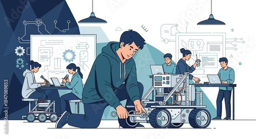 Robotics engineering team collaboration designing and assembling a prototype robot for innovation