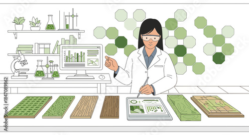 Scientist analyzing ecological samples in a lab environment using digital technology