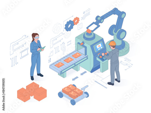 Engineers operate and monitor an automated production line with robotic arm in a high-tech factory environment on white background. Concept of industry. Vector illustration