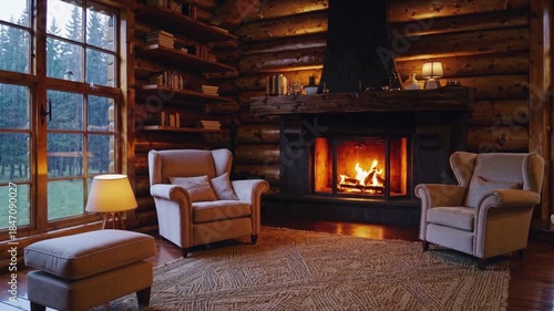 Cozy Cabin Interior: A warm, inviting cabin interior with a crackling fireplace, creating a haven of comfort and relaxation. Featuring the classic charm of a mountain retreat.