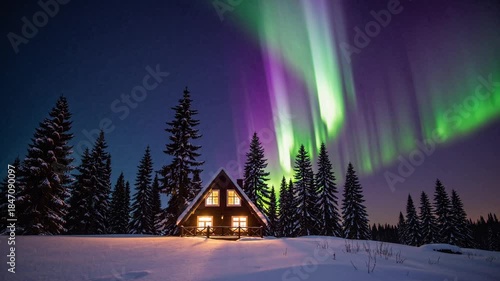 Northern Lights over Snowy Cabin: A picturesque cabin nestled in a snow-covered landscape beneath a breathtaking display of the Northern Lights.